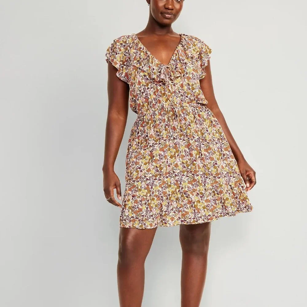 NWT Old Navy Waist-Defined Flutter-Sleeve Floral Mini Dress for Women - Picture 2 of 6